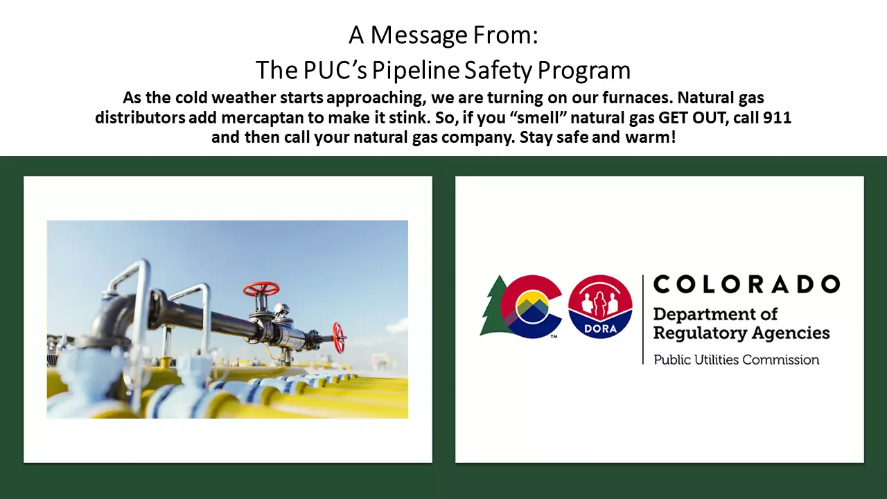 Gas Pipeline Safety public service announcement. Image of gas pipeline and puc logo.